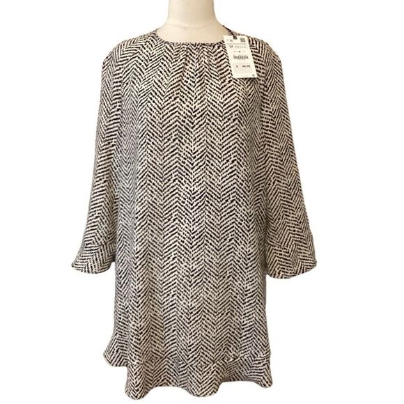 NWT Zara Women's Black Mix Printed Tunic Mini Dress Fluted Sleeve M - Picture 1 of 14